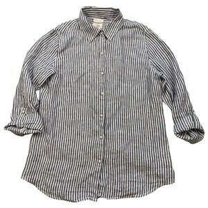 Sigrid Olsen Size Small 100% Linen Blue White Striped Shirt Roll Tab Sleeve
